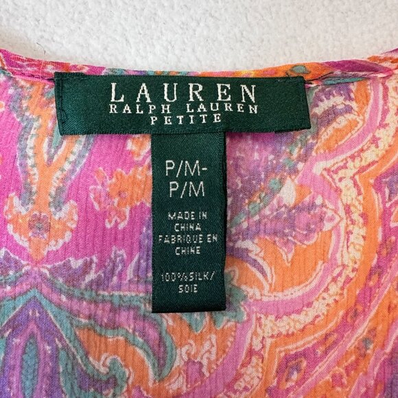 LRL Ralph Lauren Silk Chiffon Sheer Paisley Blouse Top Size M Petite Multicolor - Picture 3 of 12